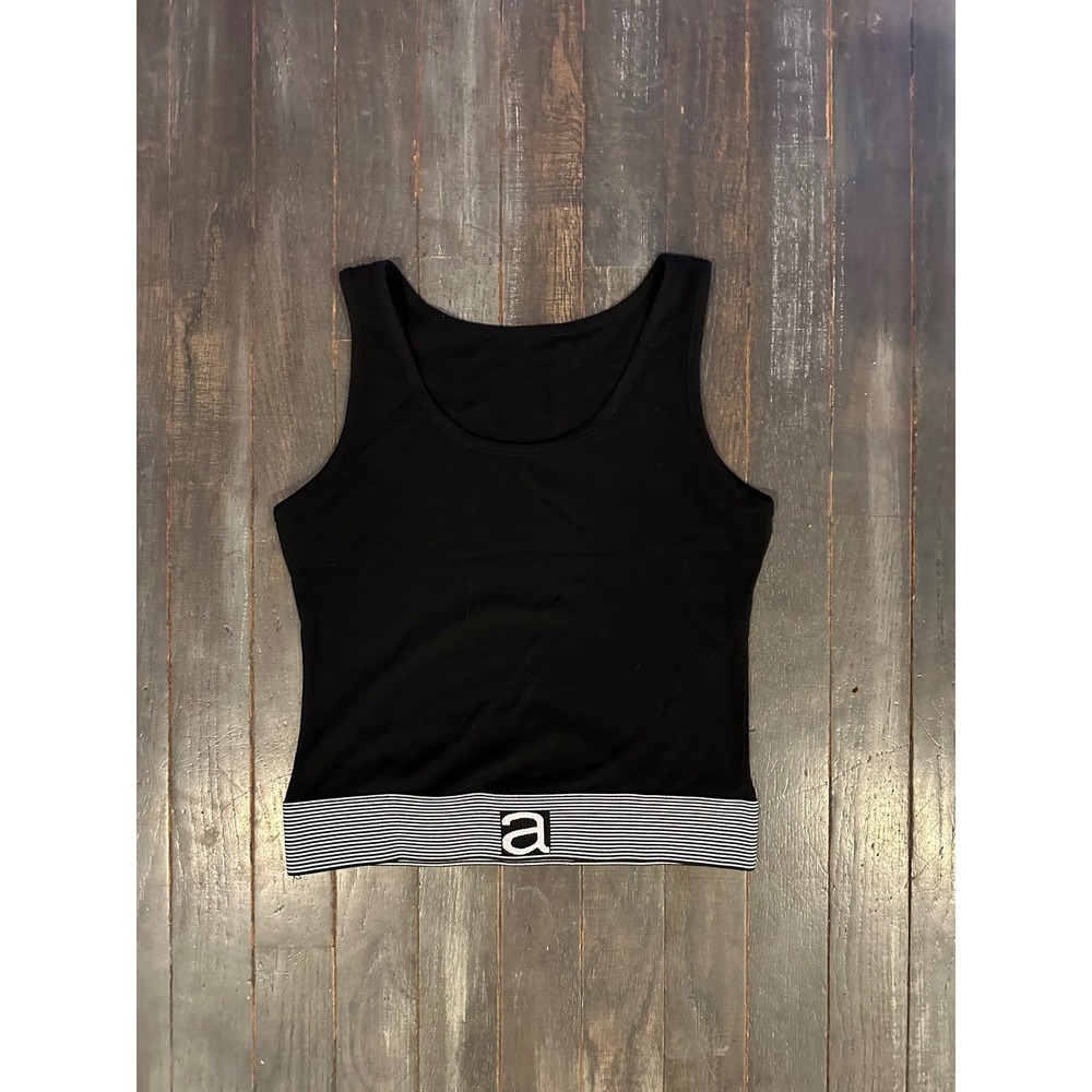 Athletic Logo Band Tank Top Black Striped Elastic Hem Scoop Neck Sleeveless